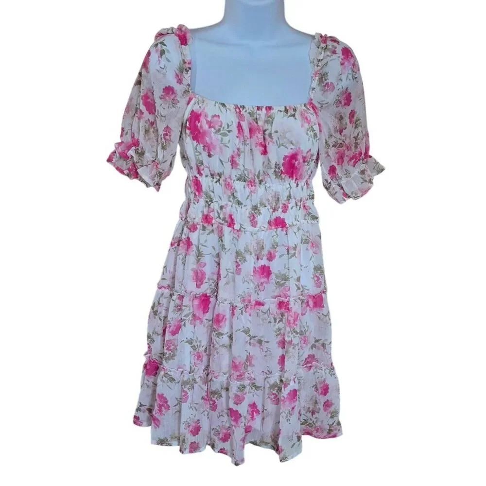 Floral Tiered Mini Dress With Puff Sleeves & Square Neckline peasant cottagecore
